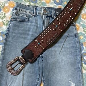 Anything Bling Cross Rhinestone genuine leather brown belt 34" NWOT